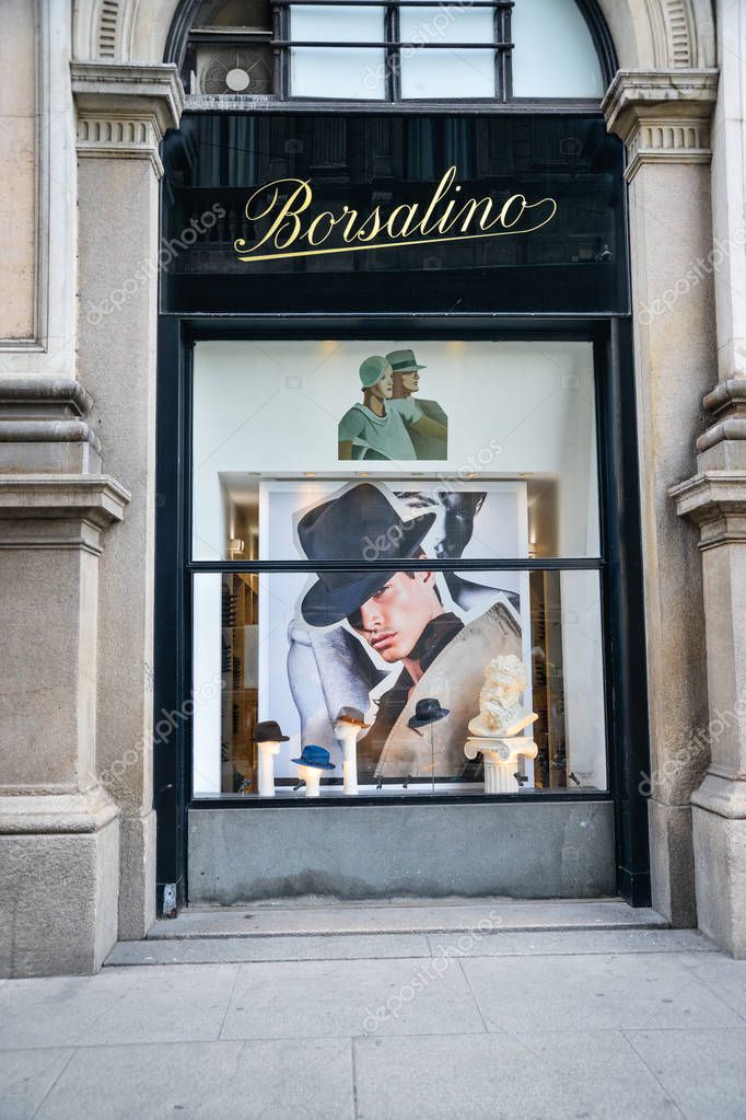 Milan, Italy - September 21, 2018: Borsalino store in Milan. Montenapoleone area. Fashion week Borsalino shopping.