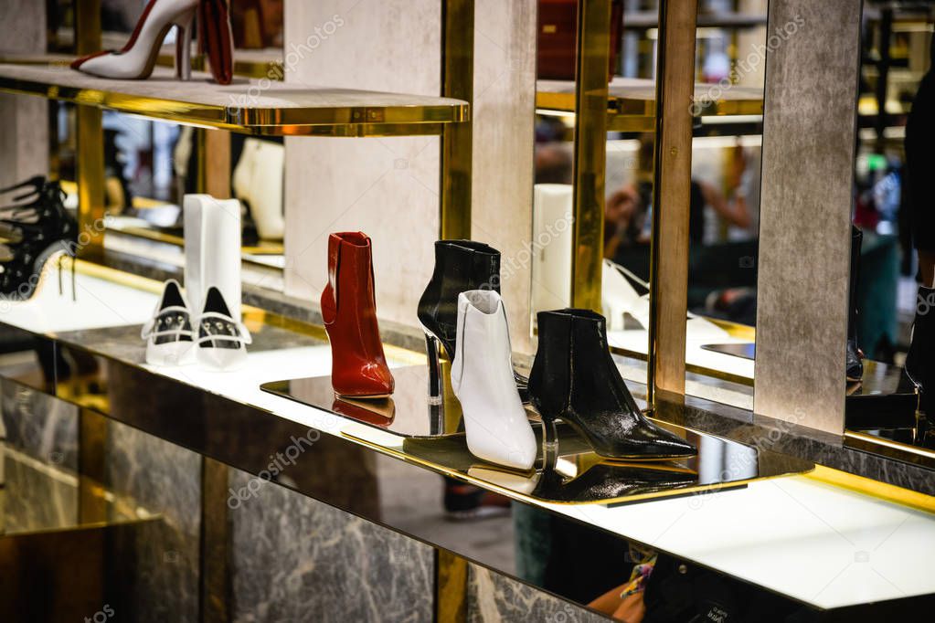 Milan, Italy - September 21, 2018: Casadei store in Milan. Montenapoleone area. Fashion week Casadei shopping.