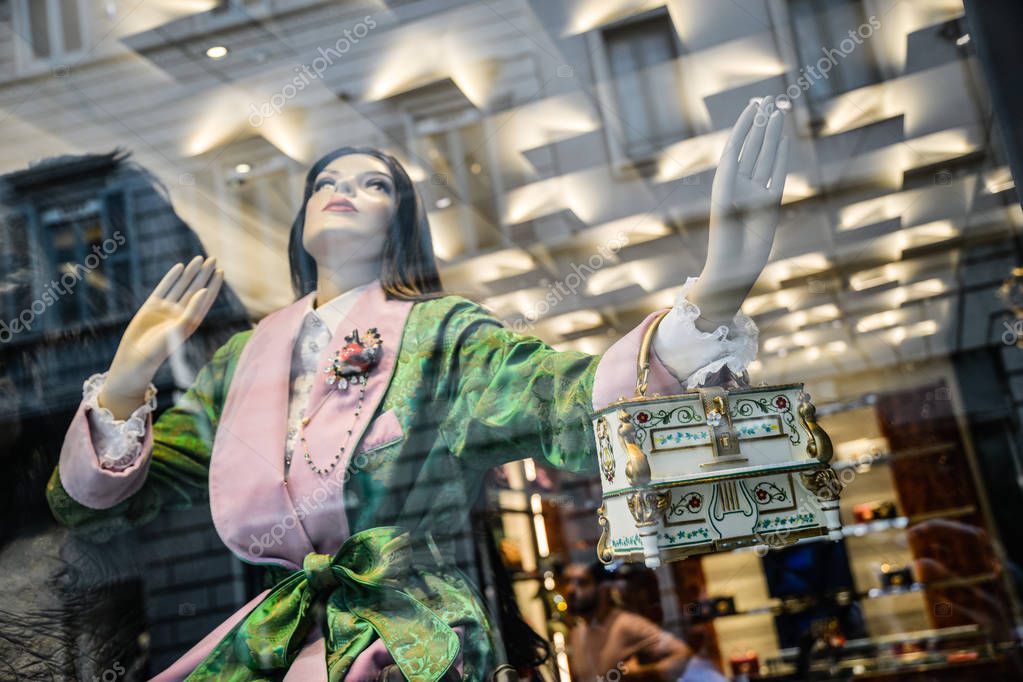Milan, Italy - September 21, 2018: Dolce Gabbana store in Milan. Montenapoleone area. Fashion week Dolce Gabbana shopping.
