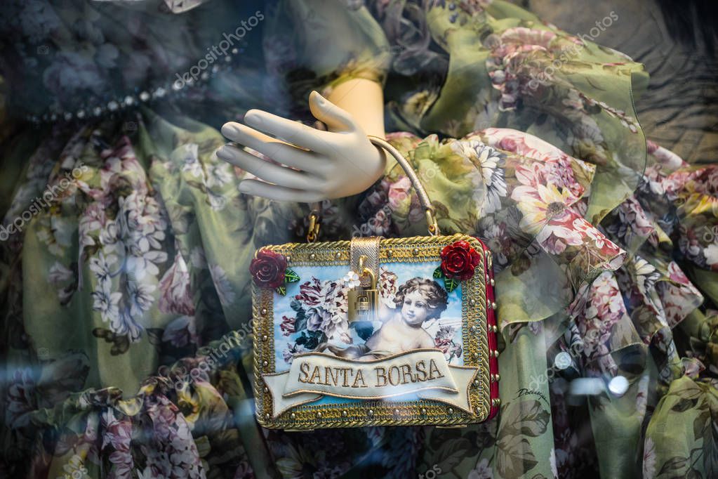 Milan, Italy - September 21, 2018: Dolce Gabbana store in Milan. Montenapoleone area. Fashion week Dolce Gabbana shopping.