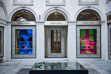 Milan, Italy - September 21, 2018: Giorgio Armani store in Milan. Montenapoleone area. Fashion week Giorgio Armani shopping. clipart