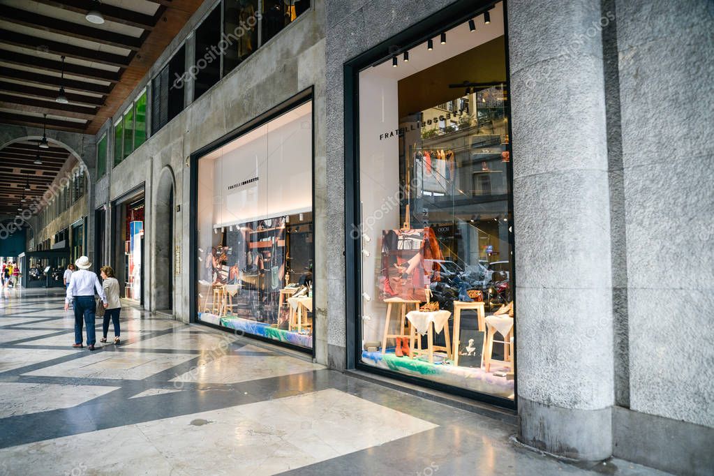 Milan, Italy - September 21, 2018: Fratelli Rossetti store in Milan. Montenapoleone area. Fashion week Fratelli Rossetti shopping.