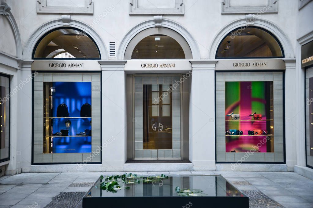 Milan, Italy - September 21, 2018: Giorgio Armani store in Milan. Montenapoleone area. Fashion week Giorgio Armani shopping.