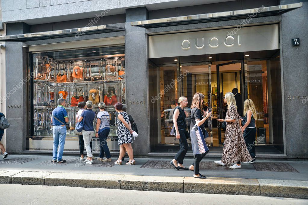 Milan, Italy - September 21, 2018: Gucci store in Milan. Montenapoleone area. Fashion week Gucci shopping.