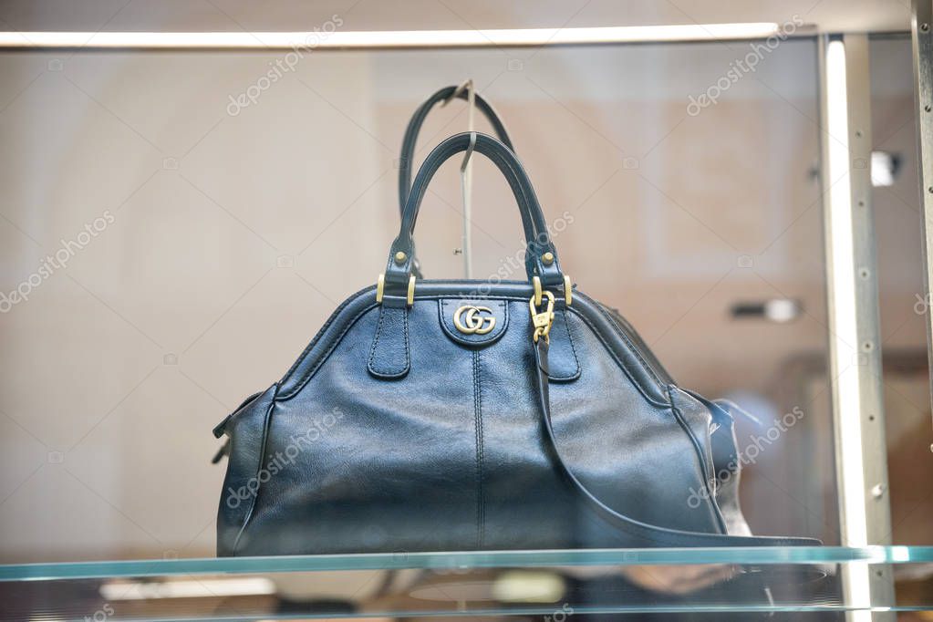 Milan, Italy - September 21, 2018: Gucci store in Milan. Montenapoleone area. Fashion week Gucci shopping.