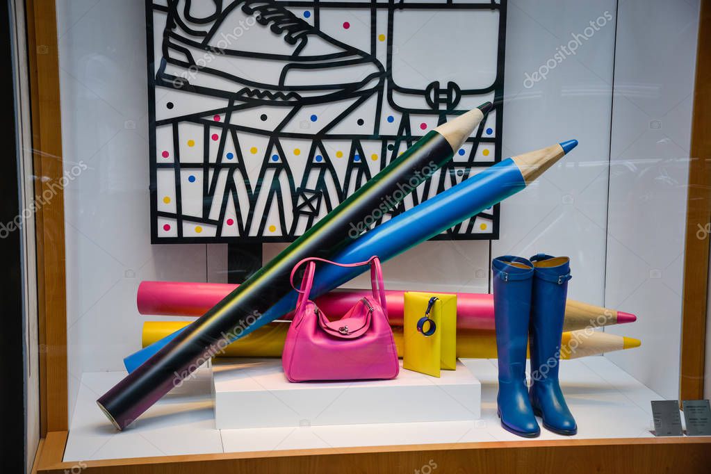 Milan, Italy - September 21, 2018: Hermes store in Milan. Montenapoleone area. Fashion week Hermes shopping.