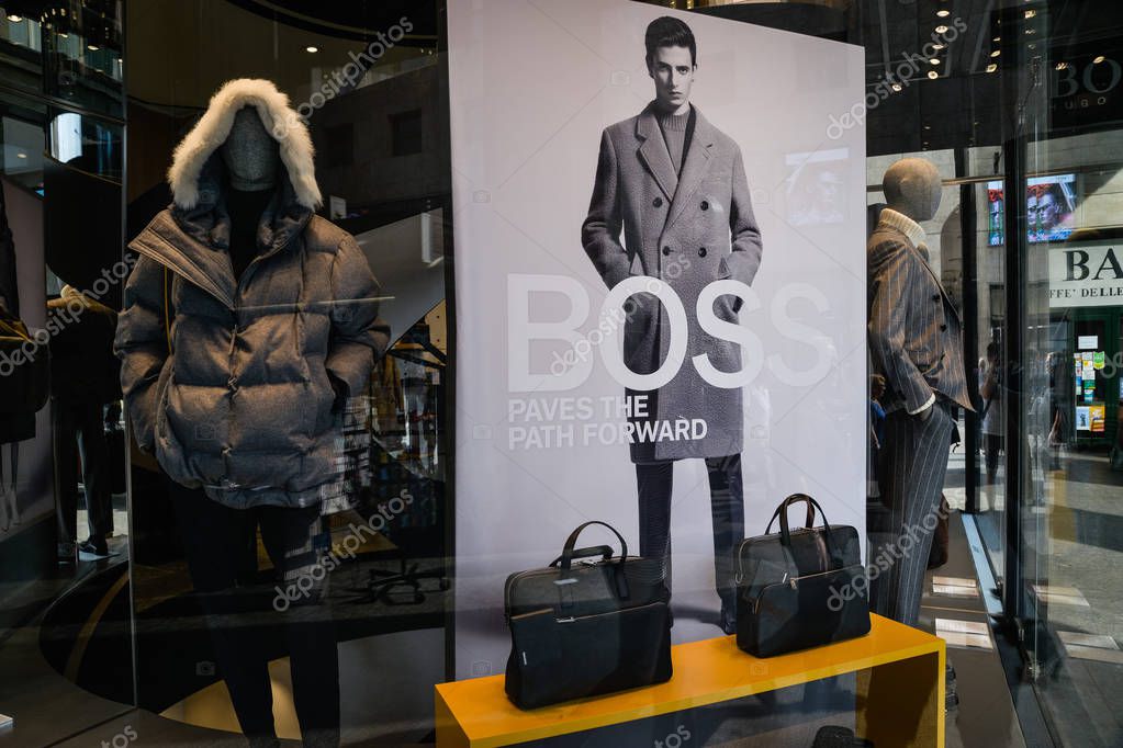 Milan, Italy - September 21, 2018: Hugo Boss store in Milan. Montenapoleone area. Fashion week Hugo Boss shopping.
