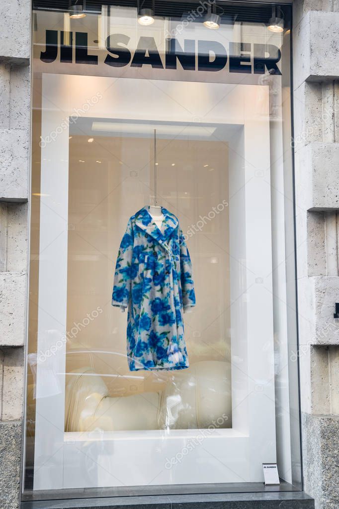 Milan, Italy - September 21, 2018: Jil Sander store in Milan. Montenapoleone area. Fashion week Jil Sander shopping.