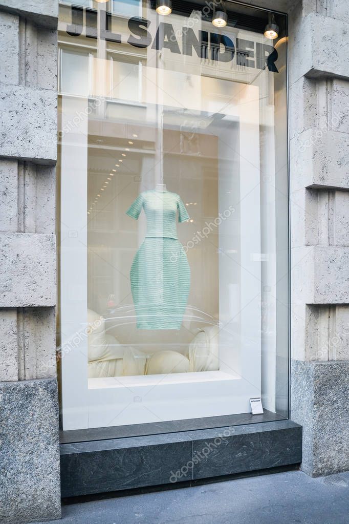 Milan, Italy - September 21, 2018: Jil Sander store in Milan. Montenapoleone area. Fashion week Jil Sander shopping.