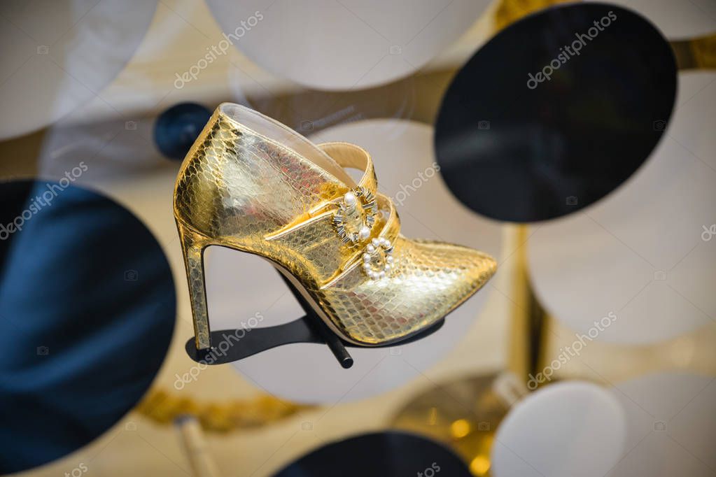 Milan, Italy - September 21, 2018: Jimmy Choo store in Milan. Montenapoleone area. Fashion week Jimmy Choo shopping.