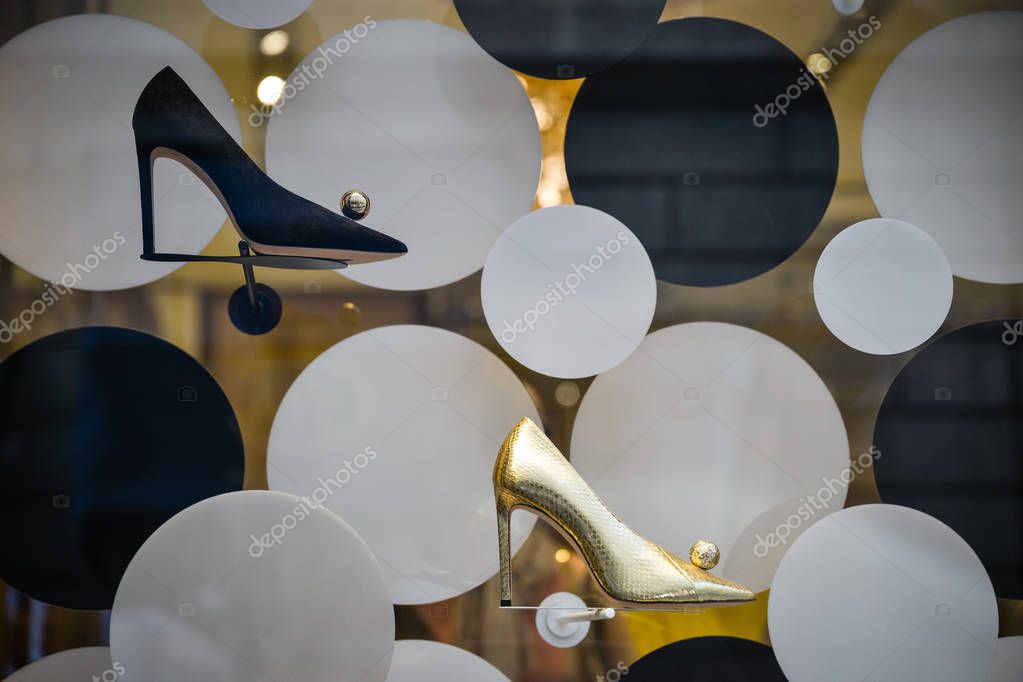 Milan, Italy - September 21, 2018: Jimmy Choo store in Milan. Montenapoleone area. Fashion week Jimmy Choo shopping.