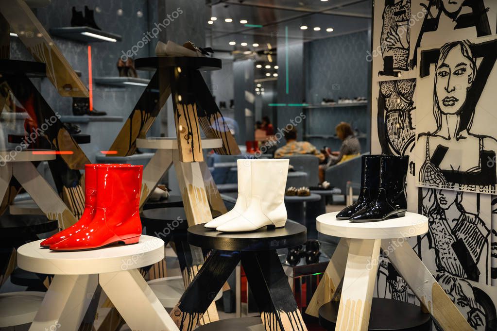 Milan, Italy - September 21, 2018: Miu Miu store in Milan. Montenapoleone area. Fashion week Miu Miu shopping.