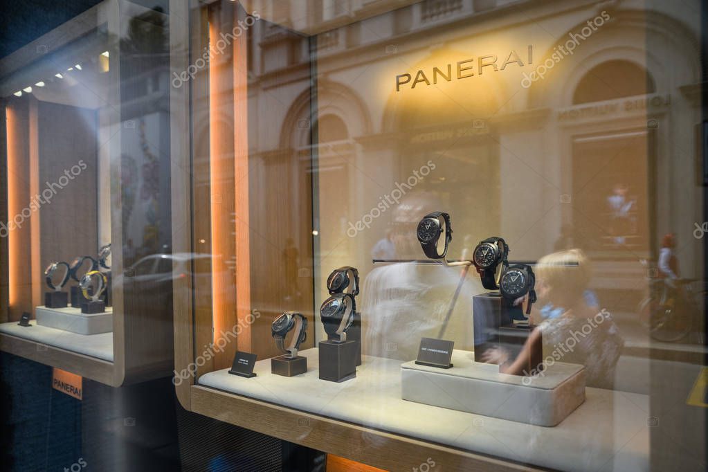 Milan, Italy - September 21, 2018: Panerai store in Milan. Montenapoleone area. Fashion week Panerai shopping.