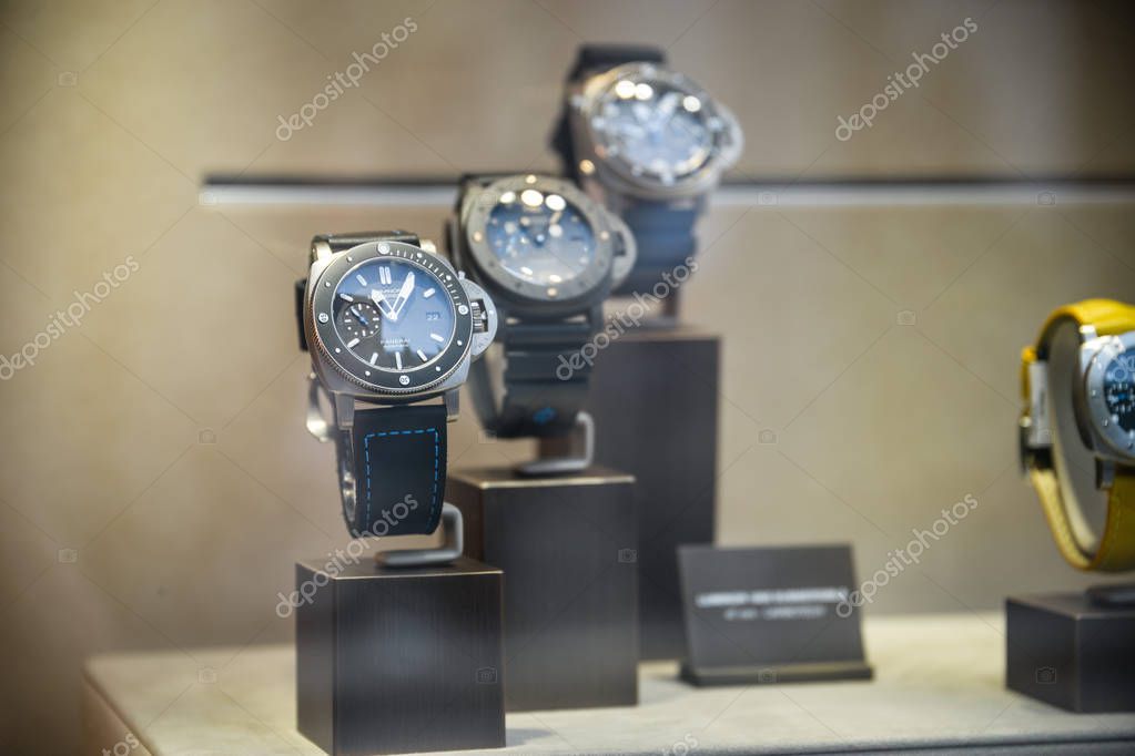Milan, Italy - September 21, 2018: Panerai store in Milan. Montenapoleone area. Fashion week Panerai shopping.