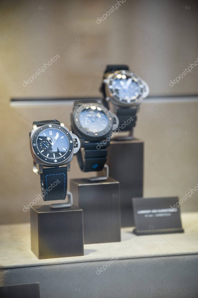 Milan, Italy - September 21, 2018: Panerai store in Milan. Montenapoleone area. Fashion week Panerai shopping.