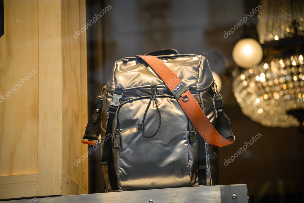 Milan, Italy - September 21, 2018: Prada store in Milan. Montenapoleone area. Fashion week Prada shopping.