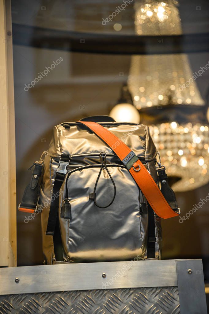 Milan, Italy - September 21, 2018: Prada store in Milan. Montenapoleone area. Fashion week Prada shopping.