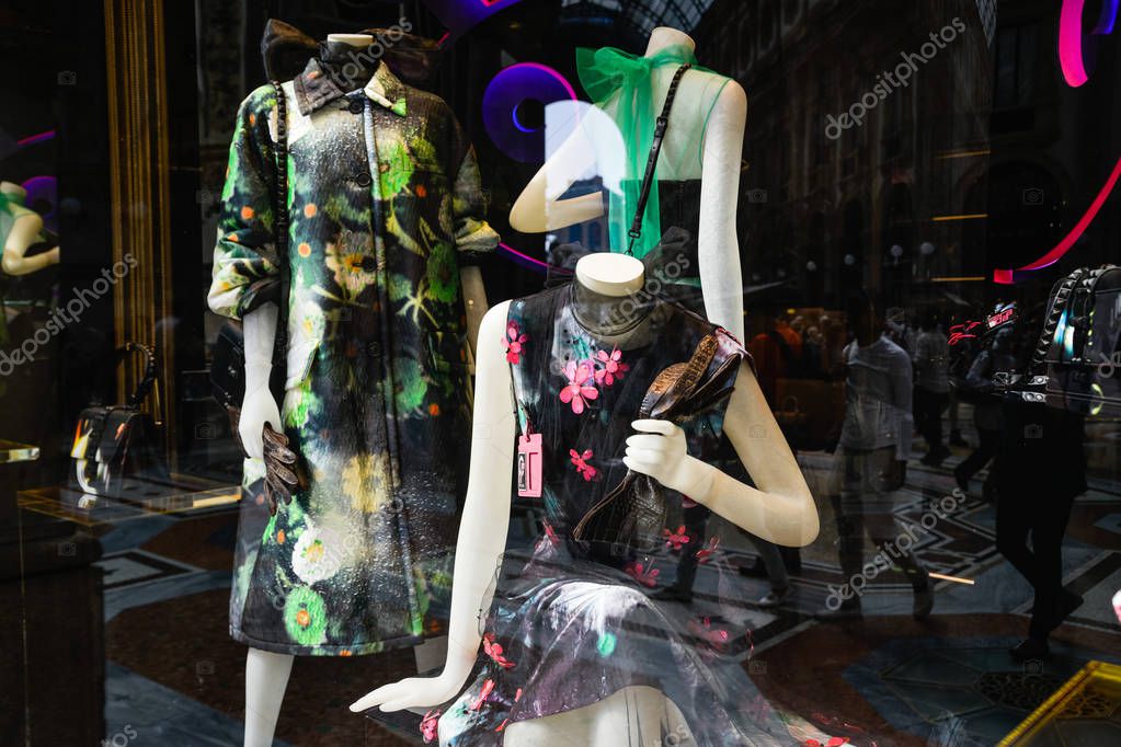 Milan, Italy - September 21, 2018: Prada store in Milan. Montenapoleone area. Fashion week Prada shopping.