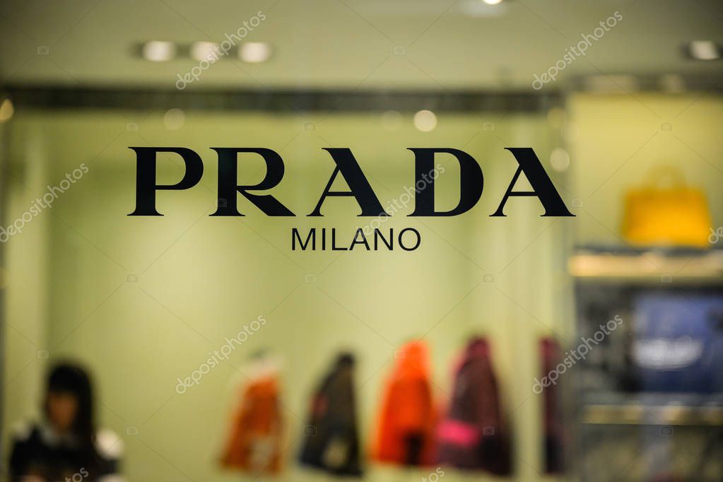 Milan, Italy - September 21, 2018: Prada store in Milan. Montenapoleone area. Fashion week Prada shopping.