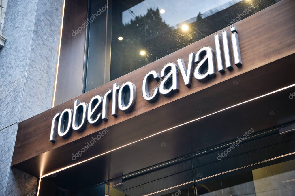 Milan, Italy - September 21, 2018: Roberto Cavalli store in Milan. Montenapoleone area. Fashion week Roberto Cavalli shopping.