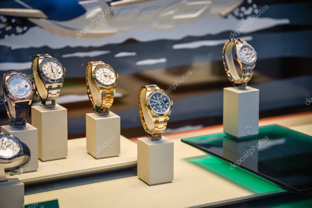 Milan, Italy - September 21, 2018: Rolex store in Milan. Montenapoleone area. Fashion week Rolex shopping.