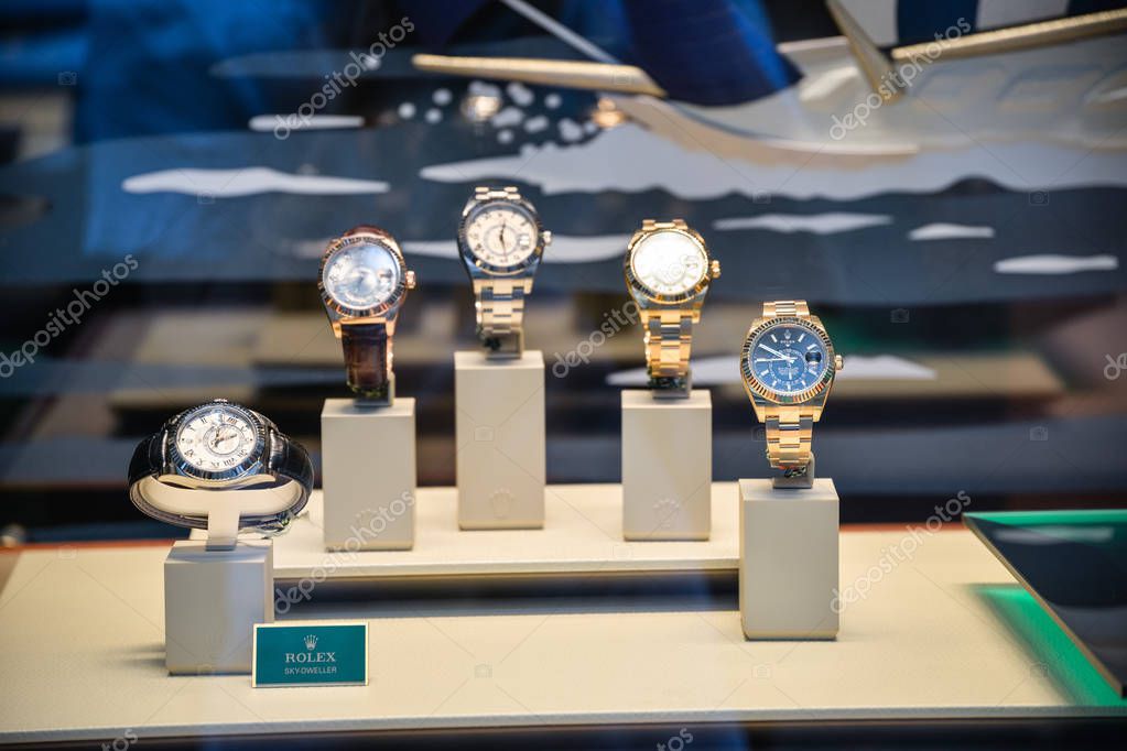 Milan, Italy - September 21, 2018: Rolex store in Milan. Montenapoleone area. Fashion week Rolex shopping.