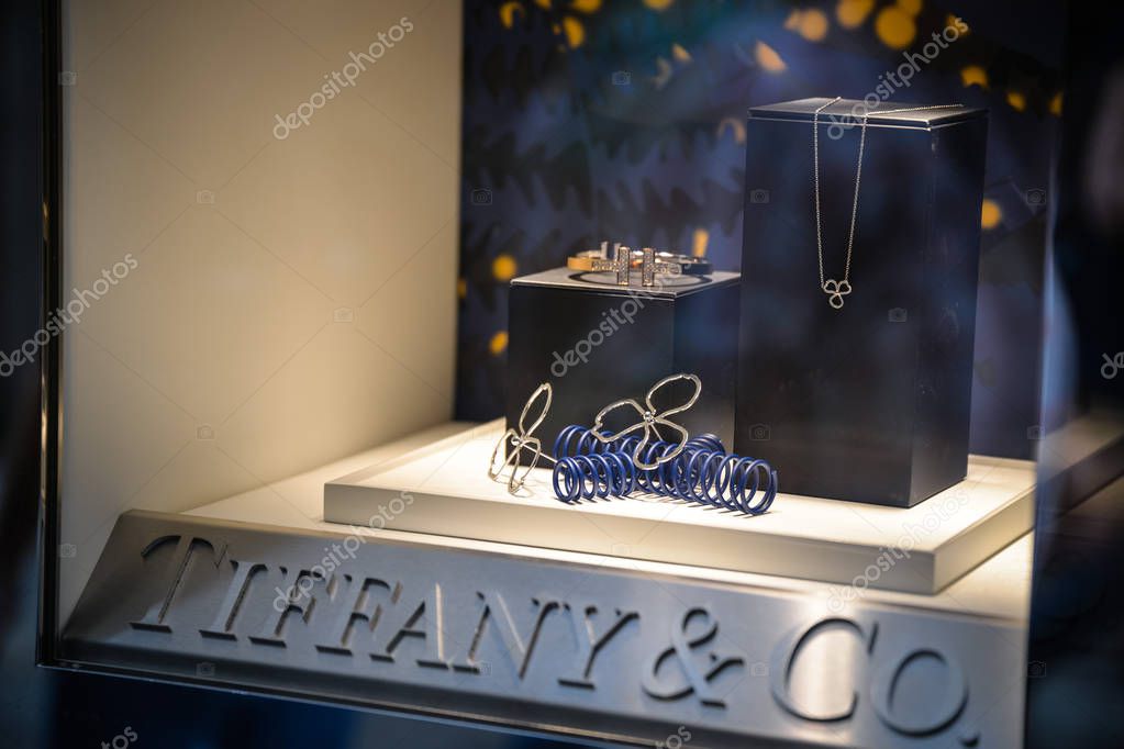 Milan, Italy - September 21, 2018: Tiffany store in Milan. Montenapoleone area. Fashion week Tiffany shopping.