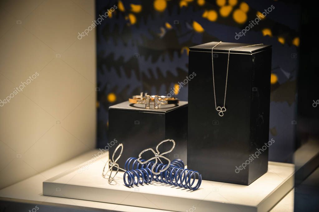 Milan, Italy - September 21, 2018: Tiffany store in Milan. Montenapoleone area. Fashion week Tiffany shopping.