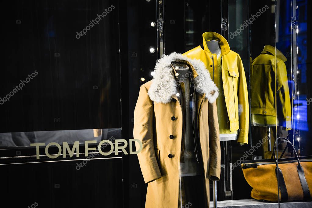 Milan, Italy - September 21, 2018: Tom Ford store in Milan. Montenapoleone area. Fashion week Tom Ford shopping.