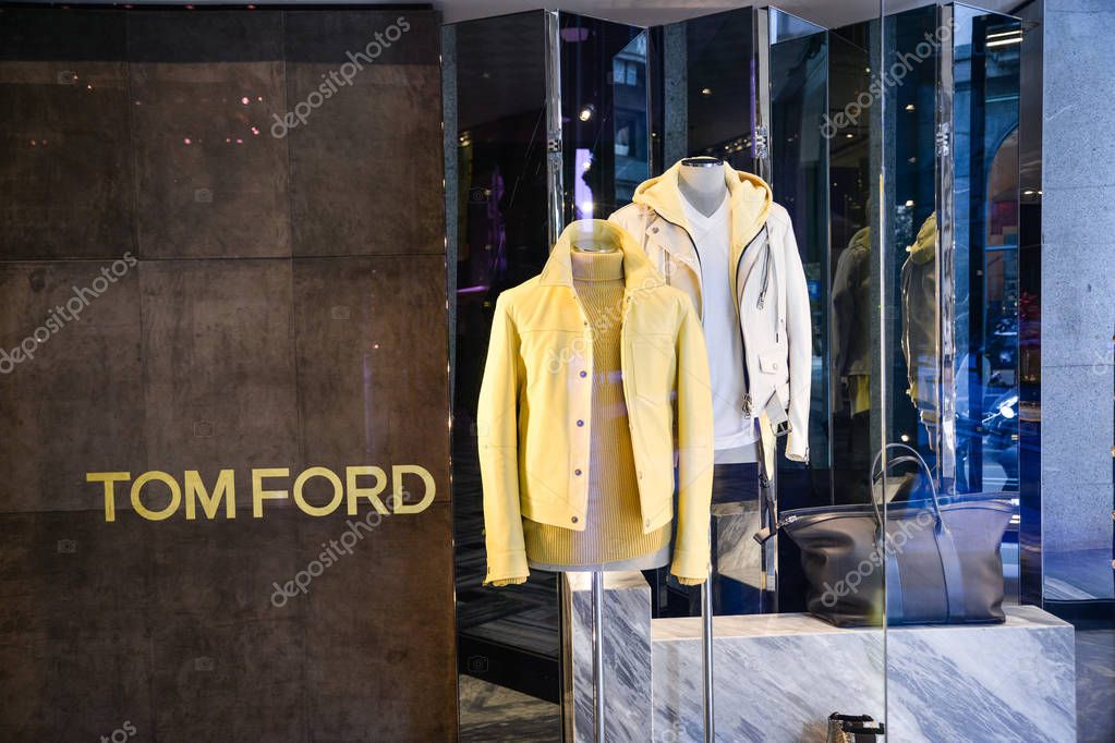Milan, Italy - September 21, 2018: Tom Ford store in Milan. Montenapoleone area. Fashion week Tom Ford shopping.
