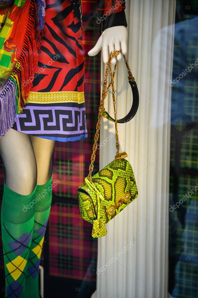 Milan, Italy - September 21, 2018: Versace store in Milan. Montenapoleone area. Fashion week Versace shopping.