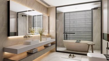 A sleek and luxurious contemporary bathroom with a freestanding bathtub, a double vanity, and a large backlit mirror
