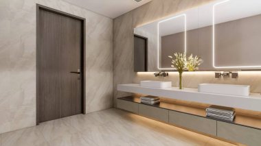 A luxurious and contemporary bathroom featuring a floating double vanity with vessel sinks and a large backlit mirror