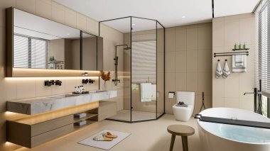 Contemporary home bathroom featuring a double vanity, large mirror with backlights, walk-in shower, and a clean white bathtub