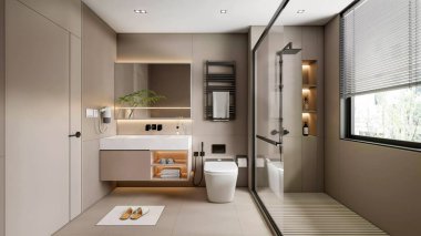 A minimalist and stylish bathroom interior with a sleek design, floating sink cabinet, and a large glass-enclosed shower