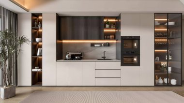 A close-up view of a modern kitchen with elegant cabinets, integrated appliances, and warm accent lighting, showcasing a sleek and clean design