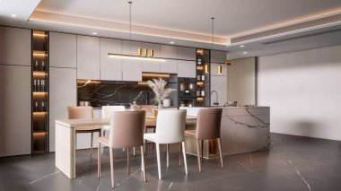 A luxurious, modern kitchen and dining area with a marble island, stylish lighting, and a luxurious design for a comfortable home interior