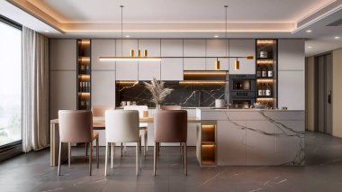 A high-end, modern kitchen and dining area featuring a stunning marble island, stylish lighting, and a luxurious design for a comfortable home interior