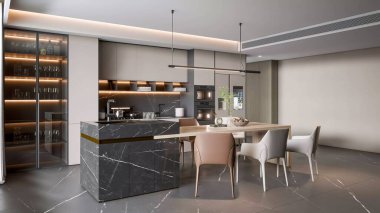 A high-end, modern kitchen and dining area featuring a stunning marble island, stylish lighting, and a luxurious design for a comfortable home interior