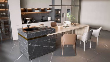 A high-end, modern kitchen and dining area featuring a stunning marble island, stylish lighting, and a luxurious design for a comfortable home interior