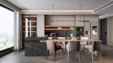  high-end, modern kitchen and dining area featuring a stunning marble island, stylish lighting, and a luxurious design for a comfortable home interior