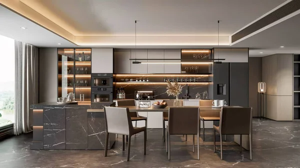 A luxurious, modern kitchen and dining room with a stunning black marble island, stylish lighting, and a sophisticated, high-end design