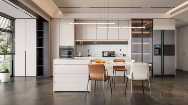 A high-end, modern kitchen and dining area with a clean, minimalist design, elegant cabinets, and a warm, inviting atmosphere