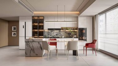 Sleek, modern kitchen with a large marble island, minimalist cabinets, and a dining area featuring stylish chairs in a bright, contemporary interior