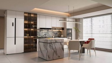 Luxurious, modern kitchen with a minimalist design, a stunning marble island, and elegant white cabinets. The space feels bright and upscale