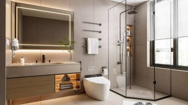 Modern, sleek bathroom with a minimalist design, a glass shower, and elegant fixtures. The space is bright and decorated in warm, neutral tones