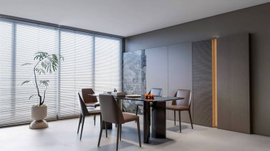 an elegant, minimalist dining space with a dark, sleek table and leather chairs, highlighted by a potted plant and natural light from the blinds