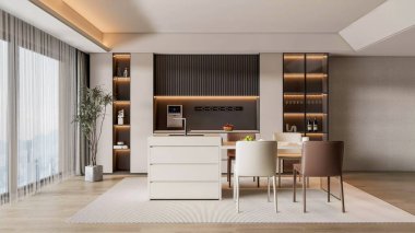 An elegant and stylish open-plan kitchen and dining space featuring a clean island, a sleek table, and warm built-in lighting