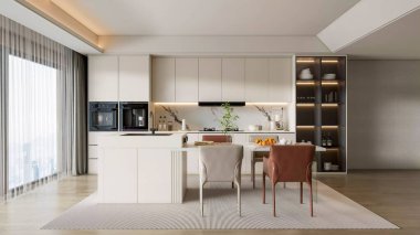 A stylish and modern open-plan kitchen and dining space with built-in appliances, a marble-patterned backsplash, and a dining set