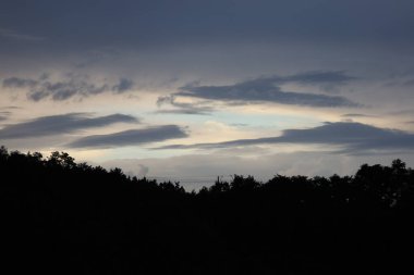 Karşıt alacakaranlık manzarası: ufukta ağaç siluetleri olan karanlık orman ve yumuşak bulutlu aydınlık gökyüzü, sakin ve ferah bir atmosfer yaratıyor..